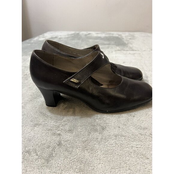 BeautiFeel Shoes - Vtg BeautiFeel Black Heels Shoes Slingbacks Leather Mary Jane Buckle Sz 38 Retro